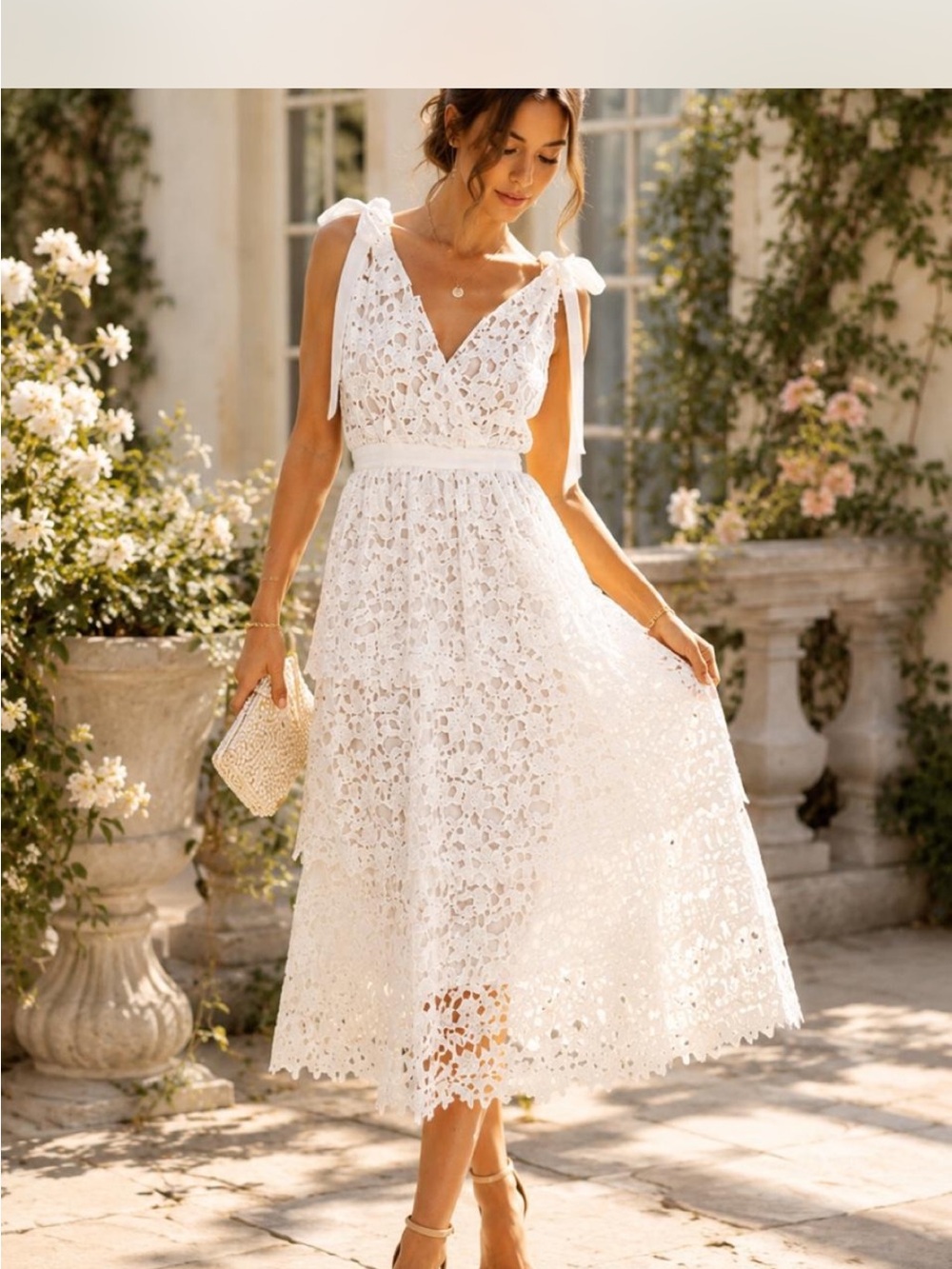White Lace V-Neck Tie-Shoulder Midi Dress